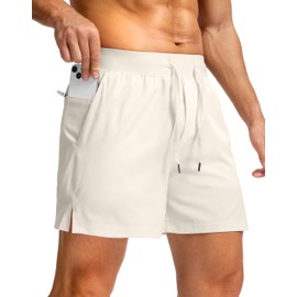 Pantalones cortos de correr para hombre con bolsillos con cierre de 7 pulgadas / 5 pulgadas, ligeros, de secado rápido, para gimnasio, entrenamiento, para hombre, Hueso, M