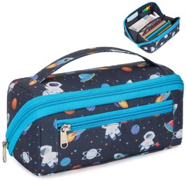 BrainyBees Pencil Pouch for Boys - Large Capacity Kids Pencil Case with 8 Compartments Wide Opening Pencil Bag Cute Soft Pencil Box for School (Dark Blue Space Astronaut)