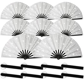 8 PCS Large Glitter Folding Fans Bulk with Sleeves for Line Dancing, 13-Inch Glittery Silver Clacking Fan Popping Fans, Line Dance Retro Fold Fan for Festivals, Parties-Silver