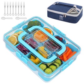 WETRBWEH Snack Box Container with Insulated Cooler Bag, Divided Serving Tray with Lid and Handle Beach Essentials, Snackle Box Veggie Fruit Tray with 8 Compartments & 8 Forks & 2 Spoon Blue