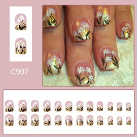 Short Press on Nails Square Cute Flowers Fake Nails Gold Glitters French Fake Nails Acrylic Nails with Daisy Designs False Nails Glossy Glue on Nails Spring Summer Stick on Nails for Women Girls 24Pcs