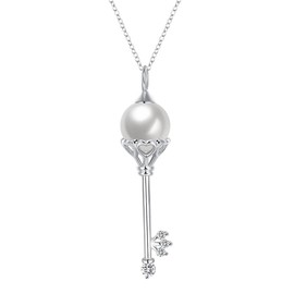 Caimeytie Women's Silver Necklace with Key and Pearl Pendant 925 Sterling Silver Elegant Gift, Sterling Silver, Pearl
