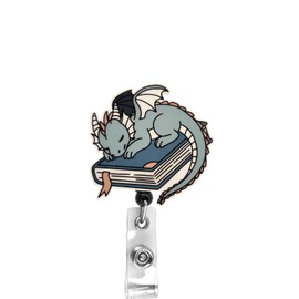 Dragon Sleeping On Book Badge Reel, Interchangeable Badge Reel Topper, Cute Retractable Badge Reel ID Holder For Nurse, Student, RN (Topper with Alligator Clip Reel)