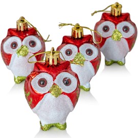 Ornativity Glitter Christmas Owl Ornaments - Snowy Glitter White and Red Animal Owls Christmas Tree Decor Holiday Ornament Decorations - 4 Birds 3"