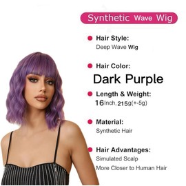 Tangyaoyusun 16Inch Short Wavy Wig with Bangs Shoulder Length Bob Curly Synthetic Wigs with Natural Wavy Hair Rose Net for Daily Party Use (Dark Purple)