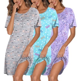 Ekouaer 3 Pack Nightgowns for Women Short Sleeve Sleepshirt Button Down Nightshirt Soft Pajamas Dress Casual Sleepwear