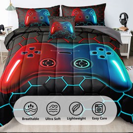 Z.Jian HOME 6 Pieces Gaming Bedding Set Queen Size for Boys Gamer Comforter Set for Boys Girls Kids Teens 6 Piece Bed in A Bag Video Game Bedding for Gamer Room Decorative Queen49