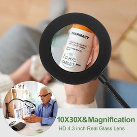 HITTI 10X & 30X Floor Magnifying Glass with Light, Standing Mag Lamp for Close Work, Esthetician, Jewellery, Craft, Facial, Adjustable Color Modes and Flexible Gooseneck LED Lighted Magnifier(Black)