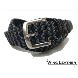 WING LEATHER GTM001 Leather Rubber Mesh Belt, Cowhide Leather, Spirit, Casual, Stretchable, Unisex, Black