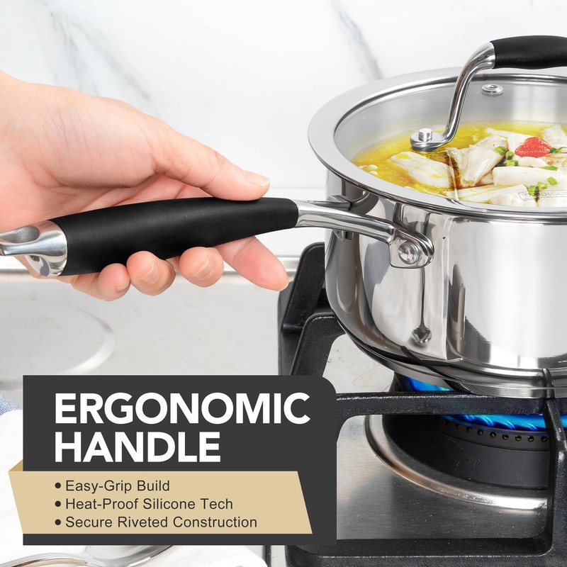 MICHELANGELO Triply Stainless Steel Saucepan with Lid 6 Pcs, Stainless