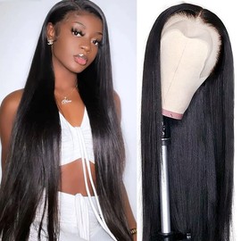 32 Inch Long Straight Lace Front Wigs Human Hair 200 Density 13x4 Hd Transparent Frontal Wig Pre Plucked with Baby Hair Glueless Bone Straight Human Hair Wig Brazilian Virgin Hair for Women