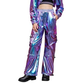 Perfashion Girls Cargo Pants Hip Hop Dance Outfits Purple Metallic Parachute Pant Wide Leg Neon Size 8-10