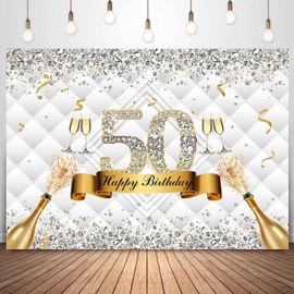 Sensfun White Happy 50th Birthday Backdrop Gold Silver Glitter Champagne Photo Background for Fabulous 50th Birthday Party Decorations Shiny Diamond Fifty Years Old Photo Booth Banner Props 7x5ft