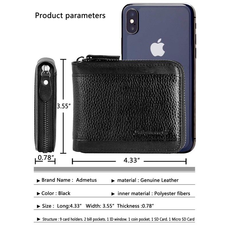 RFID Wallet for Men Leather Zip Wallet Bifold Card Holder