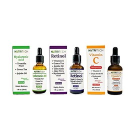 Kit de sueros faciales anti envejecimiento, 1 suero de Vitamina C, 1 suero de Acido Hialurnico y 1 suero de Retinol
