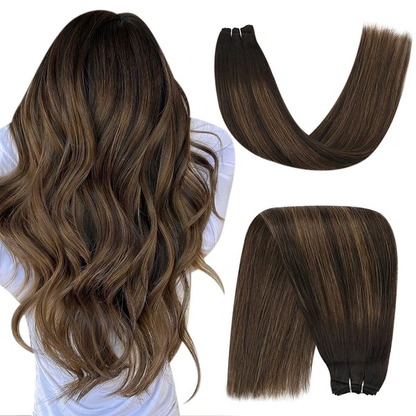 YoungSee Weft Hair Extensions Human Hair Brown Sew in Hair Extensions Balayage Darkest Brown with Medium Brown Remy Sew in Hair Extensions Human Hair Sew in Bundles Human Hair 100g 20in