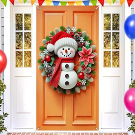 BlissYard Christmas Door Cover Wreath Decoration Snowman Red Knit Hat Scarf Poinsettias 35x71 Inches Front Door Wreath Xmas Hanging Decor for Home Holiday Christmas Photo Backdrop