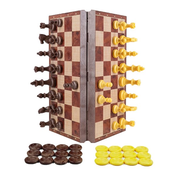 2 in 1 Chess Checkers Medium size, Magnetic Wood Color with Folding Case. 32 by 32 cm