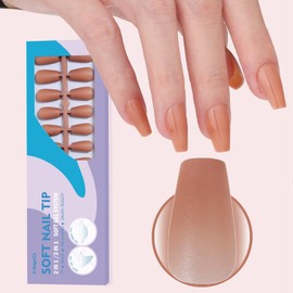 MqpQ Coffin False Nail Tips - Soft Gel 2 in 1 Tips Short Caramel with Base Color,Long Lasting,Pre-shaped Fit 15 Size Fake Nails 150pcs for Nail Extensions