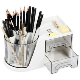 Rotating Desk Organizer with 2 Drawer, 360° Rotating Desk Pencil Pen Holder, Multifunctional Makeup Brush Holder, Large Capacity Stationery Organizer Desk Organizer for Office Home Art Supplies