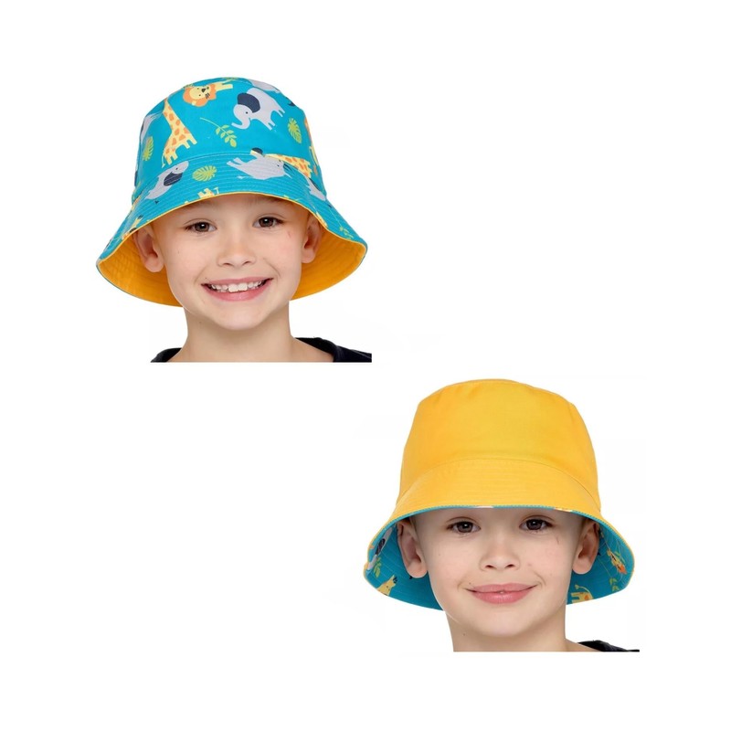 Childrens Kids Boys Summer Reversible Blue Animal Pattern Bucket Bush