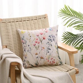 HomeStilez Cushion Cover 45 x 45 cm Spring Modern Waterproof Linen Colourful Wild Flowers and Butterflies Sofa Cushion Decorative Cushion for Sofa Bedroom Outdoor Set of 2