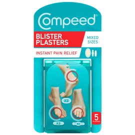 Compeed Mixed Size Blister Plasters, 5 Hydrocolloid Plasters, Foot Treatment, Fast Pain Relieve, Counts and Dimensions: 2 x Medium (6.8cm x4.2cm), 2x Small (6.0cmx2.0cm), 1x On toes (5.1cmx1.7cm)