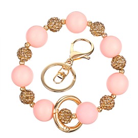 Yolev Beaded Keychain Wristlet Silicone Keychain for Women Pink Cute Key Wristlet with Key Rings Elastic Car Key Holder Bangle for Women Men Car Chain Wallets ID Badge