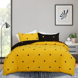 Hafaa Single Duvet Cover Set Soft Printed Bedding Set Brushed Microfiber Duvet Covers with Pillowcase (Black and Yellow Dotted 135x200 CM)