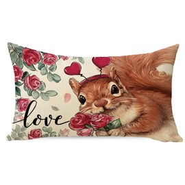 Ussap Valentines Day Squirrel Lumbar Decorative Throw Pillow Cover 12 x 20, Rose Flower Love Heats Rectangle Cushion Case Decor, Anniversary Wedding Home Decoration for Sofa Couch