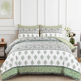 WONGS BEDDING Boho Comforter Set King Size, 7 Pieces Bed in A Bag, Bohemian Striped Bedding Sets, Green Floral Comforter and Sheet Set, Soft Microfiber Fill Bedding for All Season(104"X90")