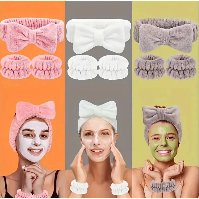 Plush Bowknot Spa Headband and Wristband Set (Creamy White, one