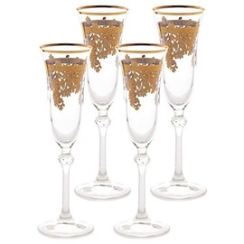 Lorren Home Trends Royal Set of 4 Embellished 24K Gold Crystal Flute Goblets-Made in Italy, One Size, Clear