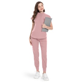 niaahinn Scrubs Set for Women Nurse Uniform Jogger Suit Stretch Top & Pants with Multi Pocket for Nurse Esthetician Workwear (Pink, Medium)
