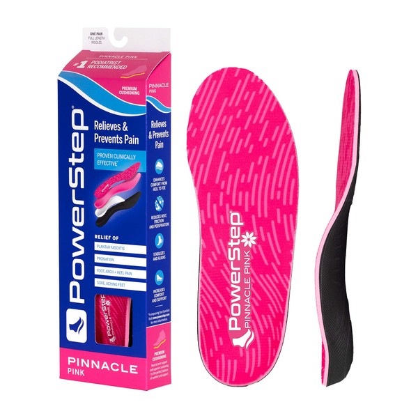 Powerstep Pinnacle Pink Insoles - Shoe Inserts for Arch Support, Plantar Fasciitis, Pronation & Heel Pain Relief - Insoles for Women for Feet Pain Relief - Podiatrist-Recommended (M 4-4.5, F 6-6.5)