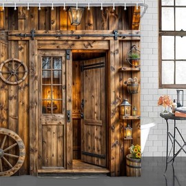 Drgilau Rustic Barn Door Shower Curtain, Farmhouse Door Shower Curtain Brown Western Bathroom Curtains Decor Waterproof Retro Farm Wood Bathroom Curtains with Hooks 72X72 Inch