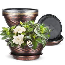 NIKONIKO 12 Inch Plant Pots, 6-Pack Plastic Woven Look Ripples Planters with Drain Holes & Trays, Retro Design Flower Pots for Indoor and Outdoor Plants