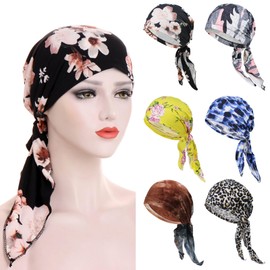 Scott Edward Turbantes elásticos de 3/6 Piezas para Mujer Africano Nudos diseño de impresión pañuelo para la Cabeza en la Playa turbante suave plisado para la cabeza