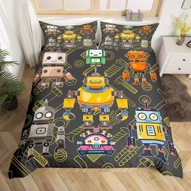 Colorful Robot Duvet Cover Cartoon Cute Equipment Graffiti Bedding Set Iintelligent Machine Dark Gray Comforter Cover(No Filler) for Room Decor Bedspread Twin Size with 1 Pillowcase