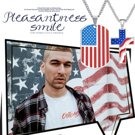 Cupimatch 2pcs American USA Flag Patriotic Cross Dog Tag Pendant Necklace Set Stainless Steel Stars and Stripes Necklace 22" Chain Jewelry