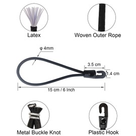 WMZOBH Bungee Cords with Hooks 25 Pcs - 6 Inch Elastic Short Bungee Ropes with Hooks, Small Tarpaulin Hooks (Black)