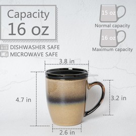 Bosmarlin Ceramic Tea Cup with Infuser and Lid, 16 Oz, 4 Color to Choose Dishwasher and Microwave Safe, Gradient Color Glaze, Steeping Tea Mug with Strainer (Walnut)