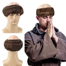 Brown Monk Wig Short Straight Hair, Monk Fancy Dress Bowl Cut Funny Costume Wig Bald Head Cap with Brown Friar Hair Cut, Men's Party Halloween Old Man Cosplay