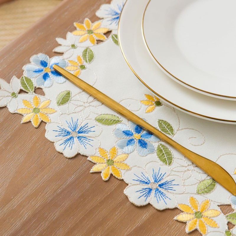 2pack Rectangular lace Doilies,yellow blue Floral Cutwork Embroidered Placemats Vase