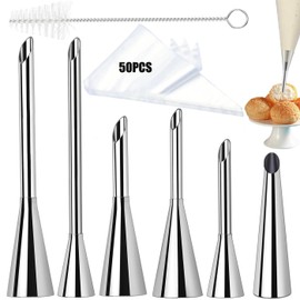 Icing Nozzles Set for Ice Puff - 6 Long Nozzles, Cleaning Brush + 50 Piping Bags (14 Inches) - Stainless Steel, Food Safe for Baking & Decoration (6)