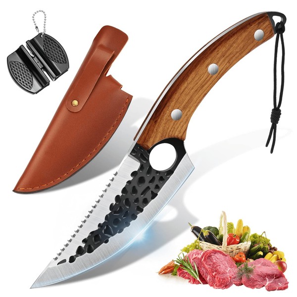 OOKUU Chef's Knife, Kitchen Knife, Butcher Hatchet Chopper Knife with Knife Sharpener and Leather Sheath, Professional Boning Knife, Sharp Chef's Knife in Japanese Style, Chopping Knife for Outdoor Kitchen