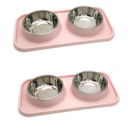 BNOSDM Double Dog Food Bowls - 𝟐 𝐏𝐜𝐬 Stainless Steel Puppy Bowls with Non-Spill Spill-Proof Plastic Mats Pet Cat Feeder Dishes Set for Small Dogs, Cat Kitten
