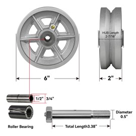 LONGRUNFORU 6" X 2" Sliding Gate Wheels, （2 Pack）Cast Iron V Groove Wheel with Roller Bearing-1000 lbs Capacity, Rolling Gate Wheels, Sliding Gate Casters, Gate wheels for Metal Tube Gate, Silver
