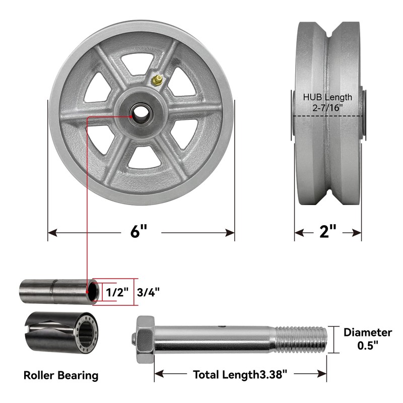 LONGRUNFORU 6" X 2" Sliding Gate Wheels, （2 Pack）Cast Iron