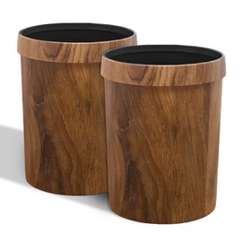 Wood Grain Plastic Trash Can Bedroom, Round 2-Pack, 3.4 Gal Farmhouse Wastebasket Bin Retro Style, Brown Trash Can for Room Aesthetic, Open Top Garbage Can for Office, Living Room, Hotel, Bathroom